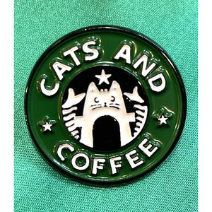 NWOT Green Enamel Cats And Coffee Round Pin Starbucks Inspired Brooch